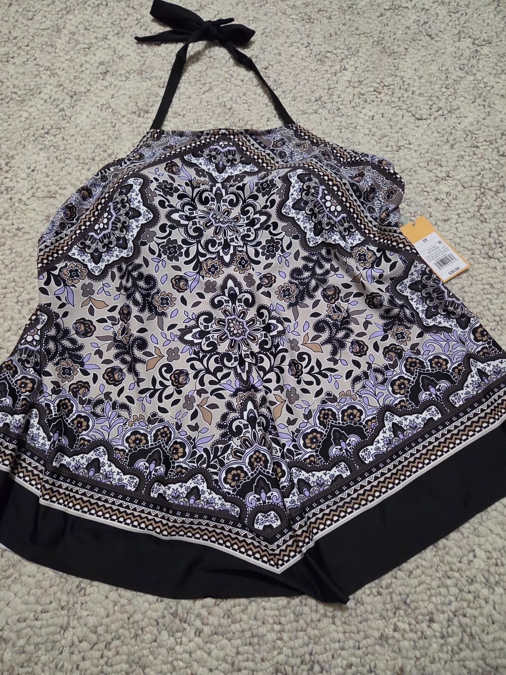 Kona Sol Black, Cream and Lavender Halter-Style Printed Tankini Top